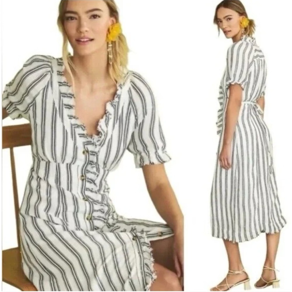Pilcro Anthropologie Striped Linen Blend Ruffle Midi Dress Sz 0 Nautical Coastal